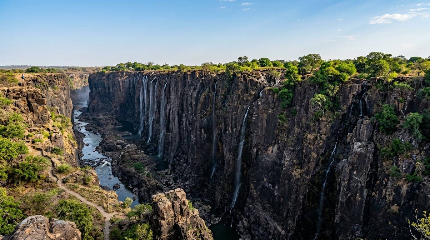 Victoria Falls in the dry season showing the exposed dark basalt cliff face and thin streams of water