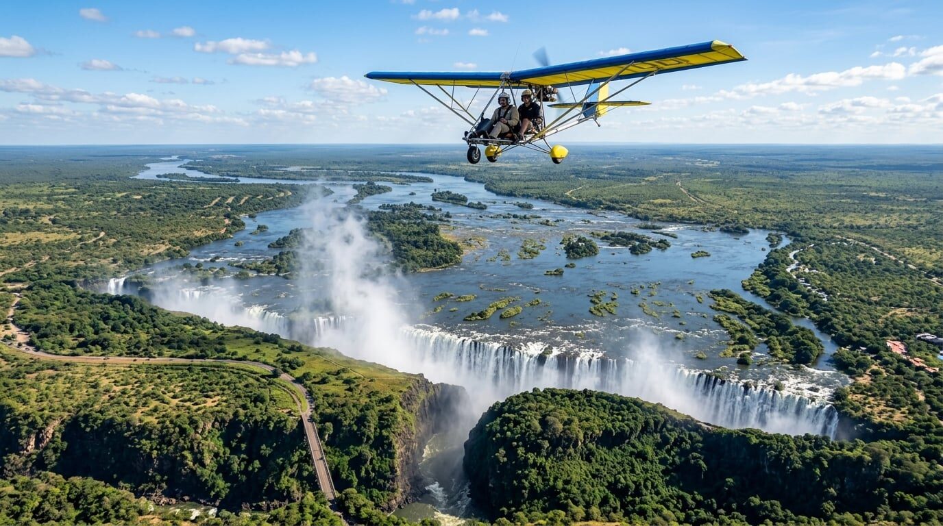 A two-seat microlight flying high above Victoria Falls with spray rising from the falling water below