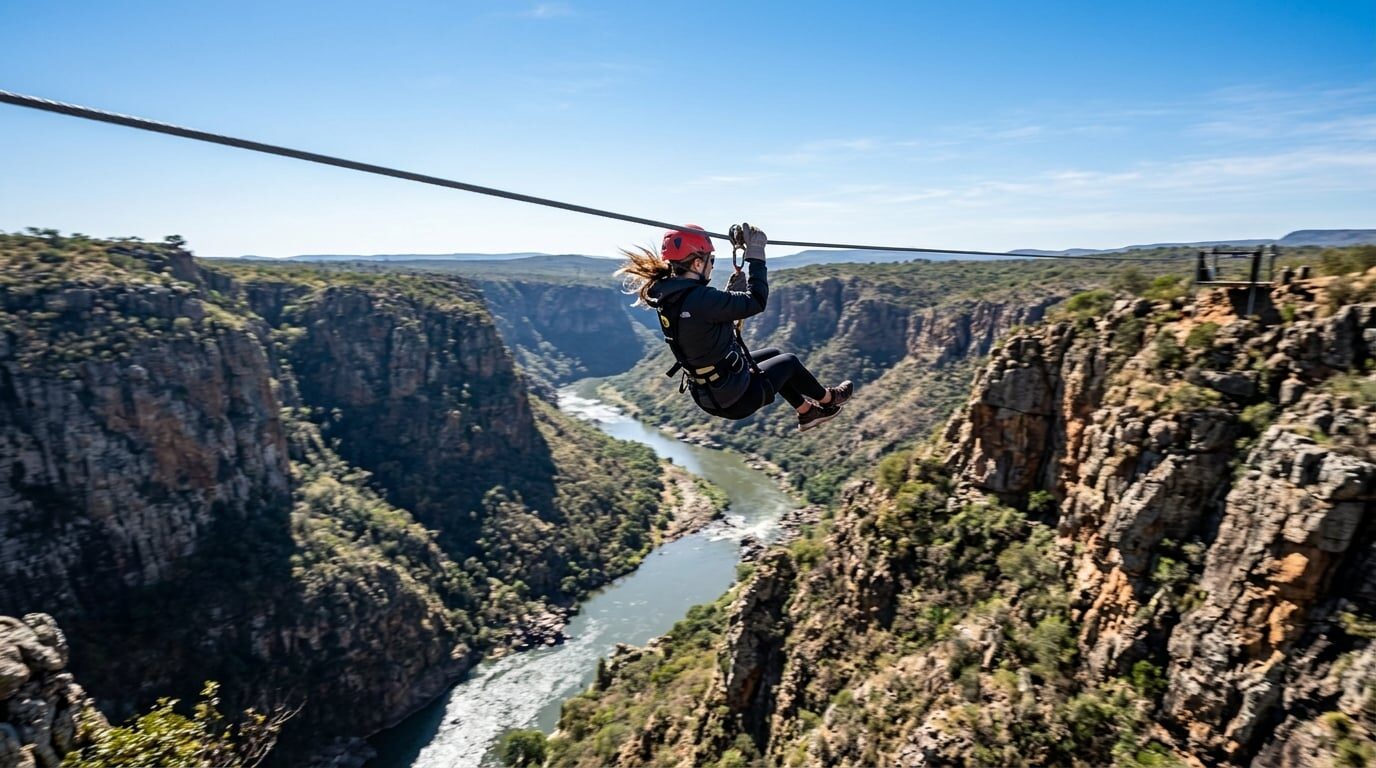 A rider speeding along the zip line high across the Batoka Gorge with the Zambezi River winding beneath